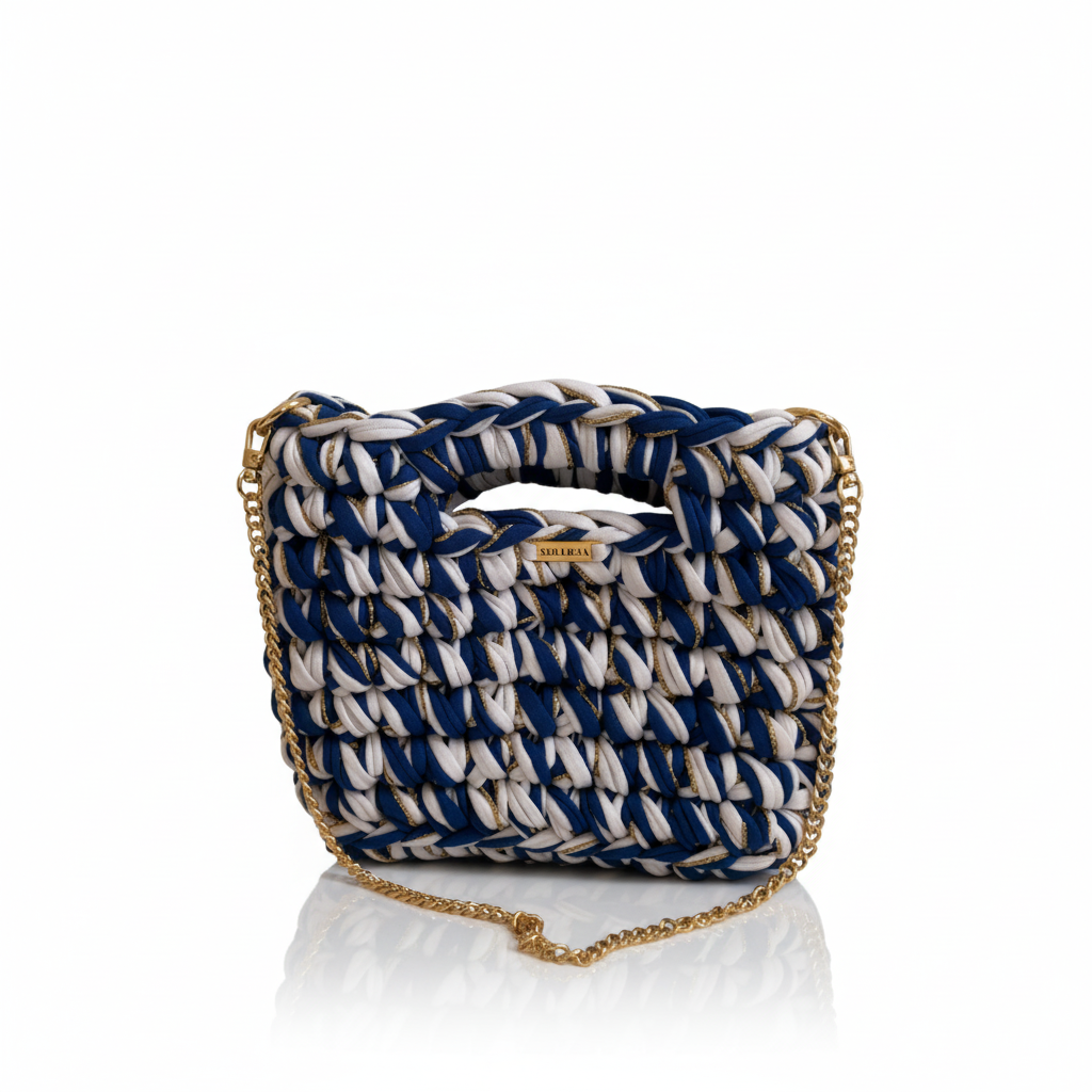 Sac en crochet blanc et bleu - SOLLICIA